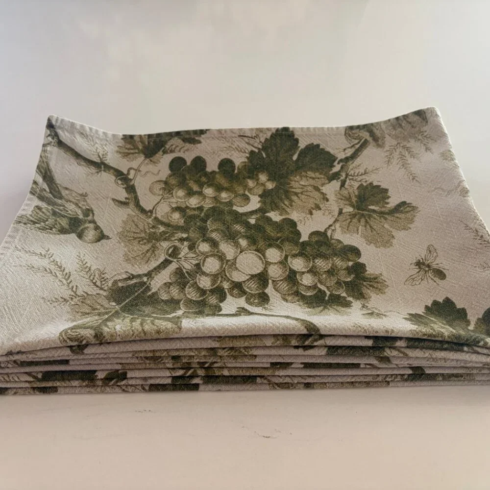 SET/4 WILLIAMS SONOMA GRAPEVINE TOILE BIRD COTTON BEE KITCHEN TOWELS Sage Green